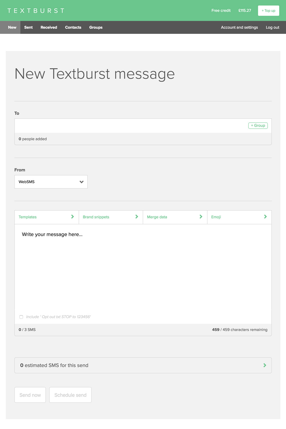 Textburst new original send page