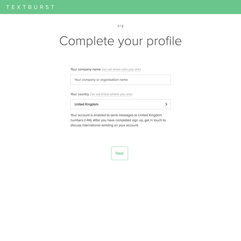 Textburst new account onboarding step one