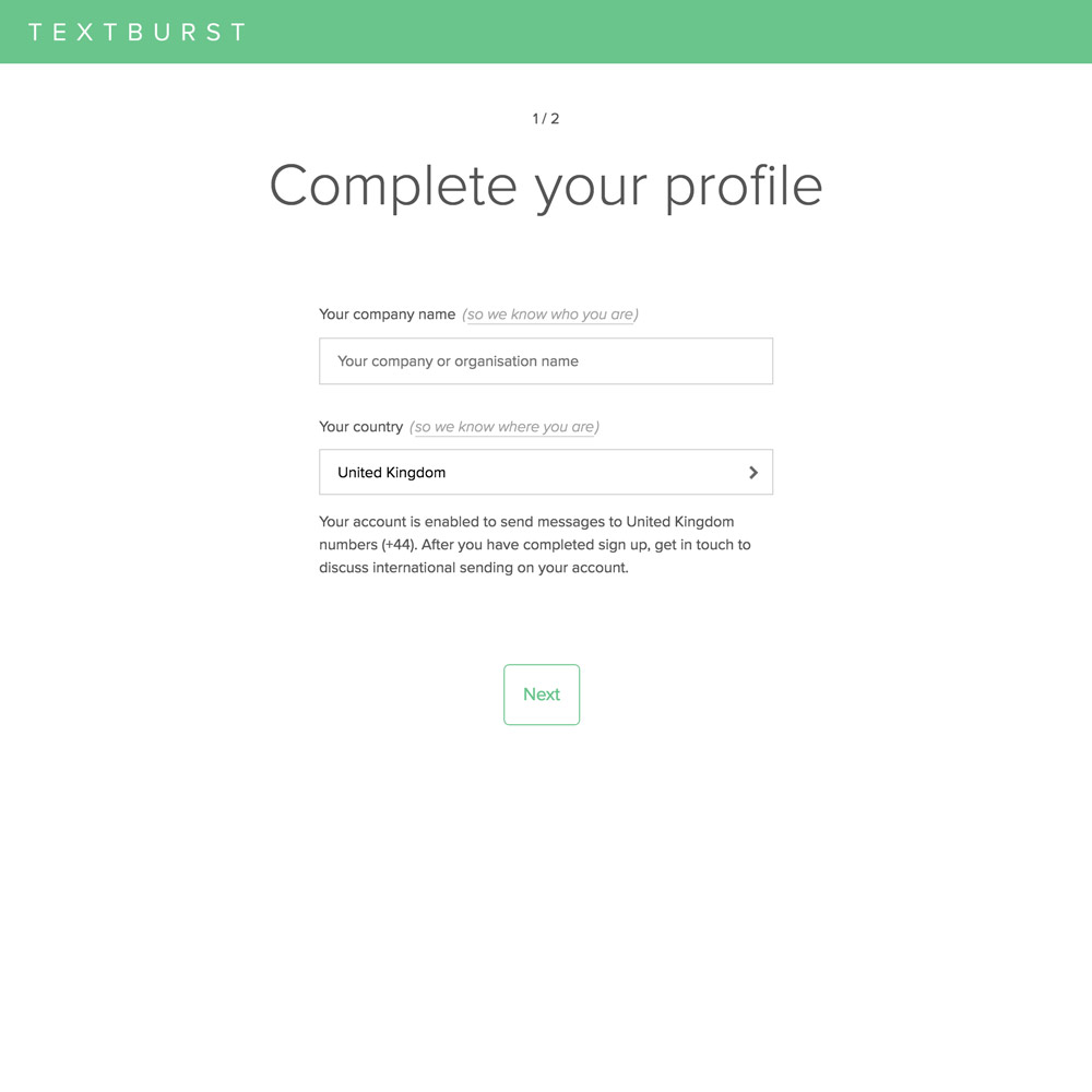 Textburst onboarding step 1