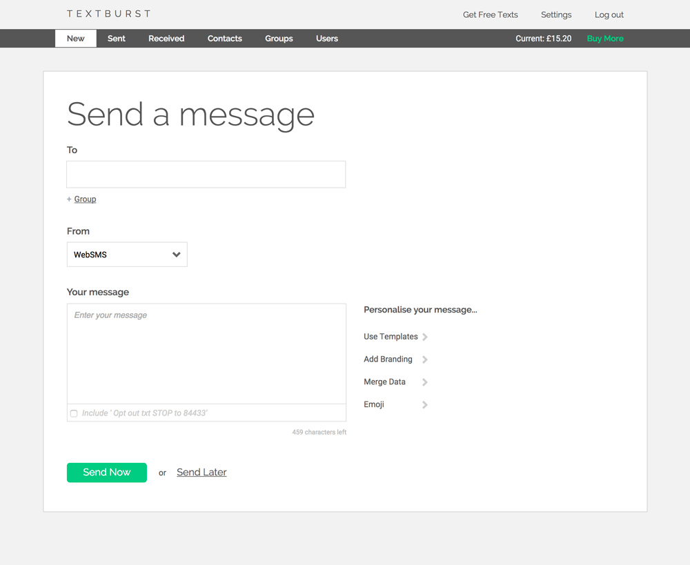 Textburst app original send page