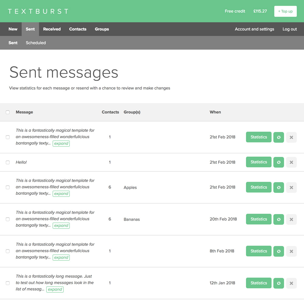 Textburst app sent messages page on desktop view