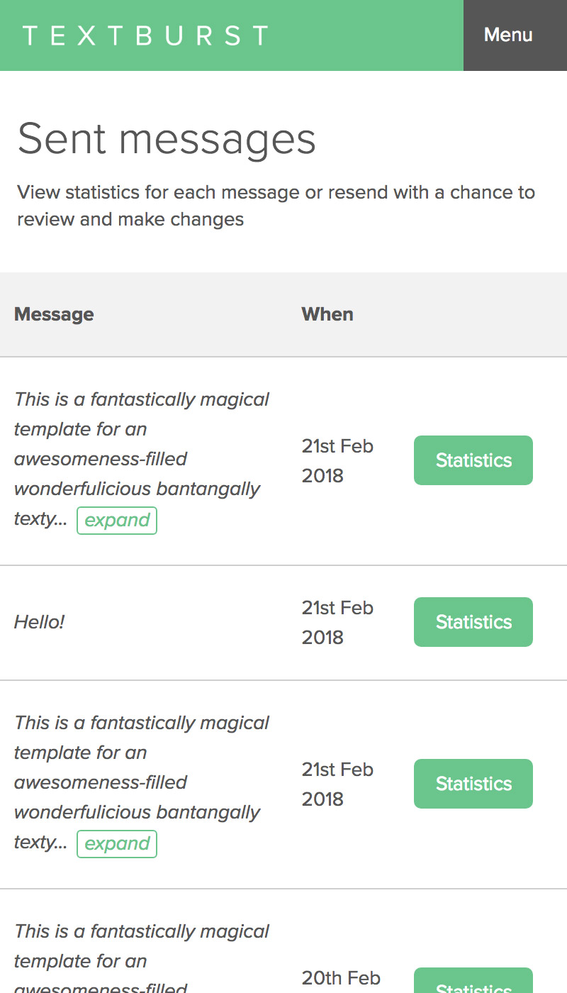 Textburst app sent messages page on mobile view