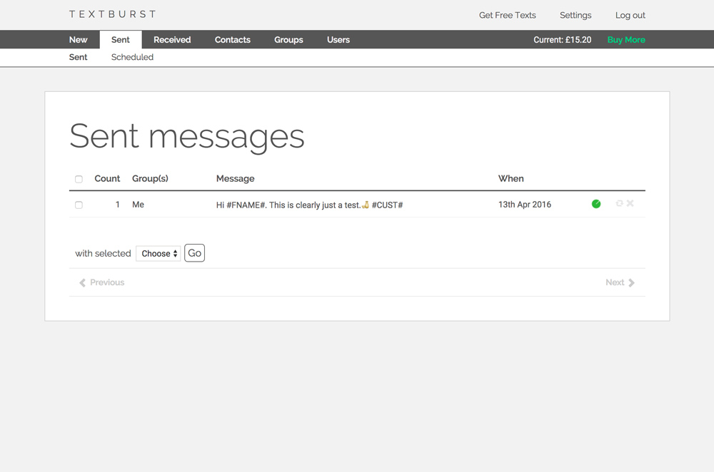 Textburst app original sent messages page on desktop view